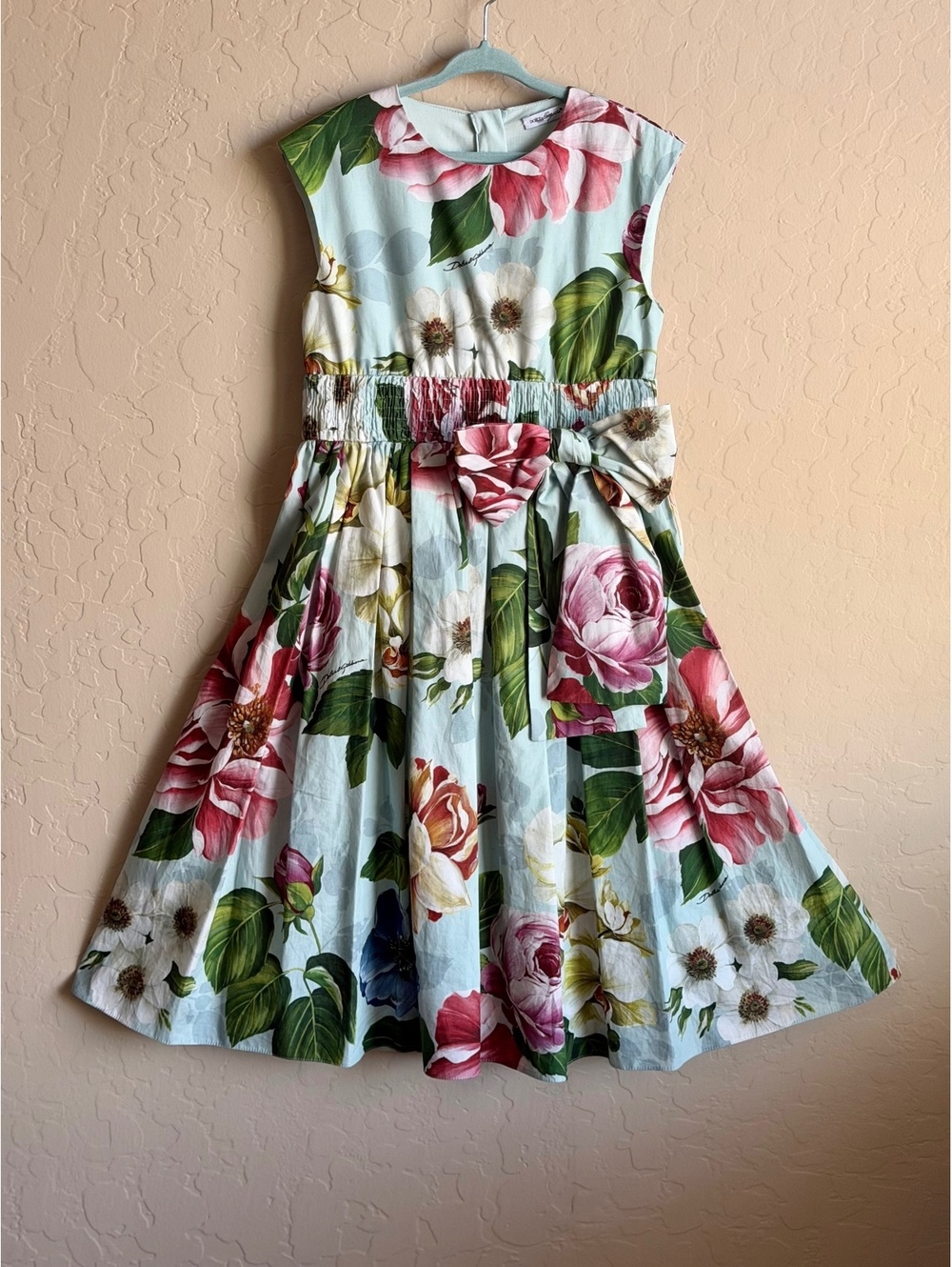 Dolce & Gabbana Girls 7/8 Floral Cotton Dress Blue Rose Bow Designer Italy